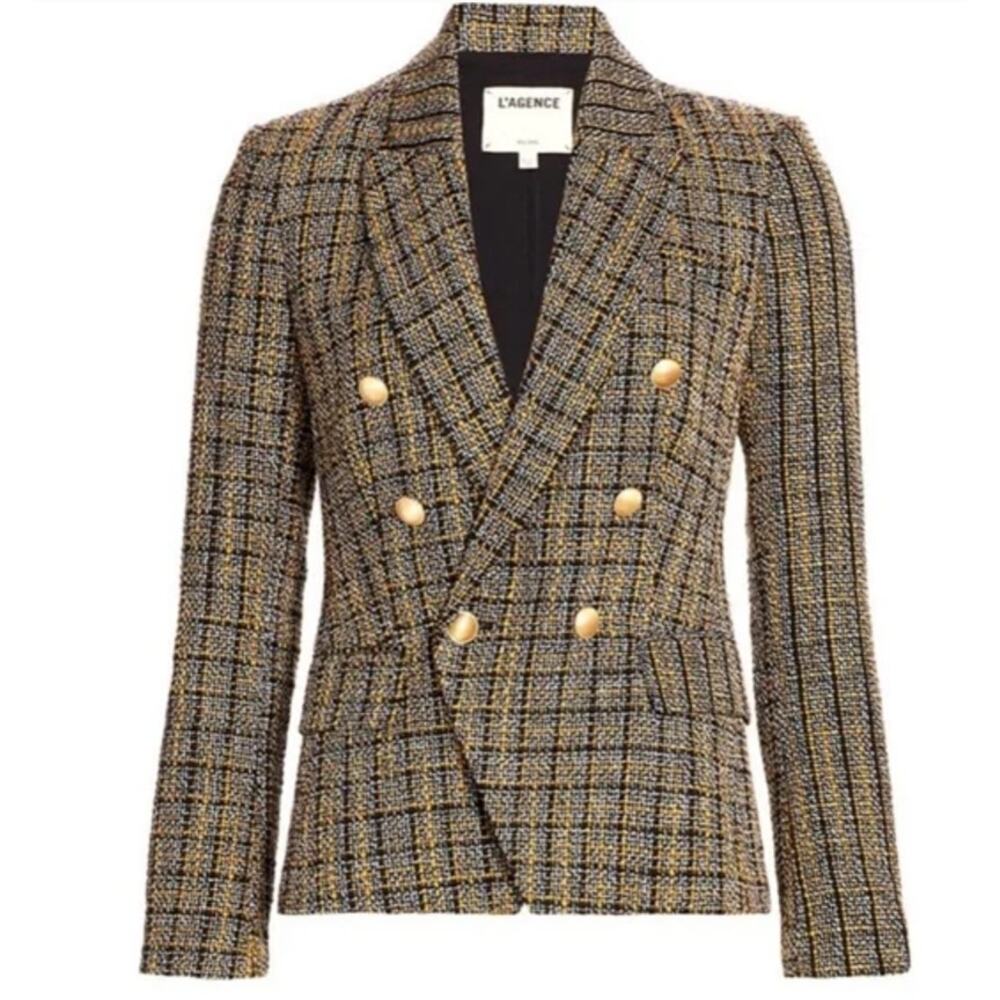 L'Agence Kenzie Blazer Double Breasted Tweed Jacket Coat Gold Buttons Black US 6 - Picture 4 of 16